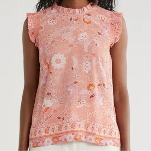 Pink Floral Sleeveless Smocked Ruffle Mock Neck Top | Boho Cottagecore NWT